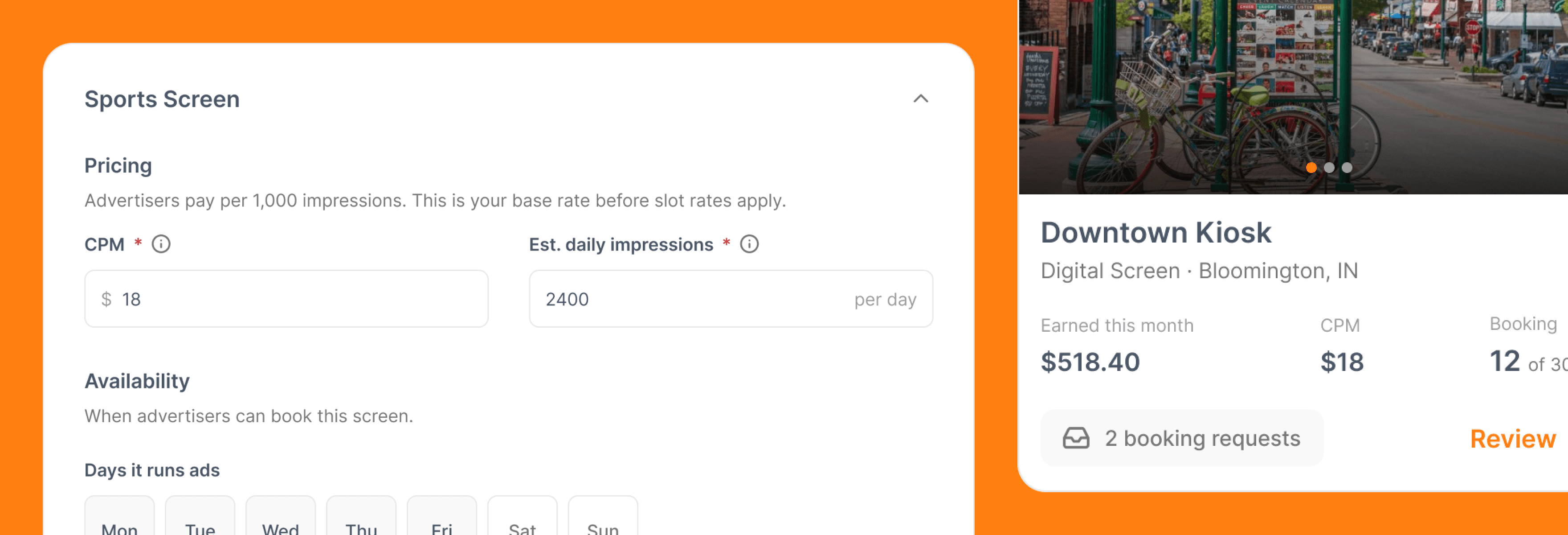 Adtua screen pricing form next to a Downtown Kiosk listing with earnings and booking requests