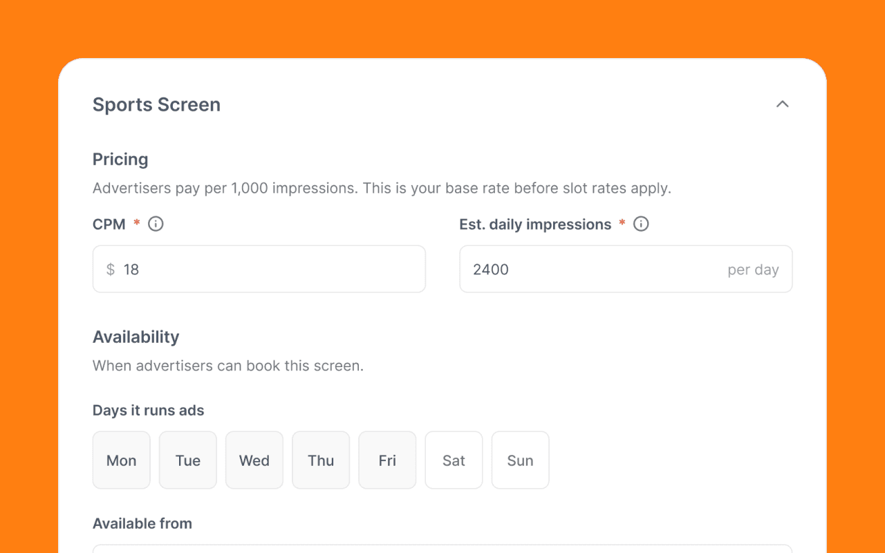 Adtua screen setup form with pricing and availability fields
