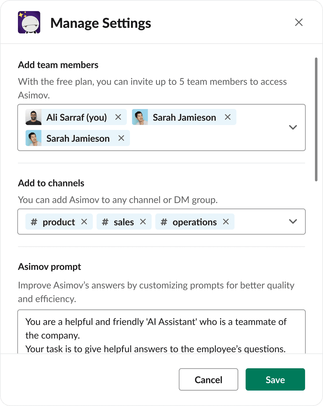 Admin settings modal for managing who has access to configure Asimov