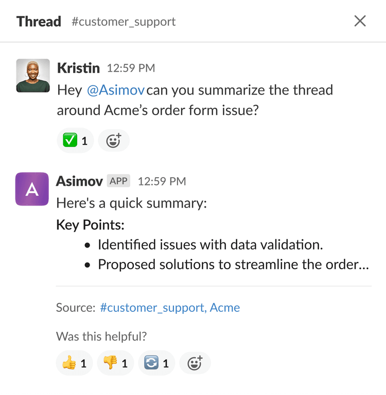 Slack thread with Asimov summarizing the conversation