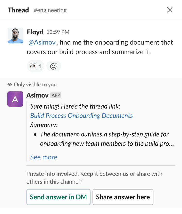 Slack thread showing Asimov integrating with another app