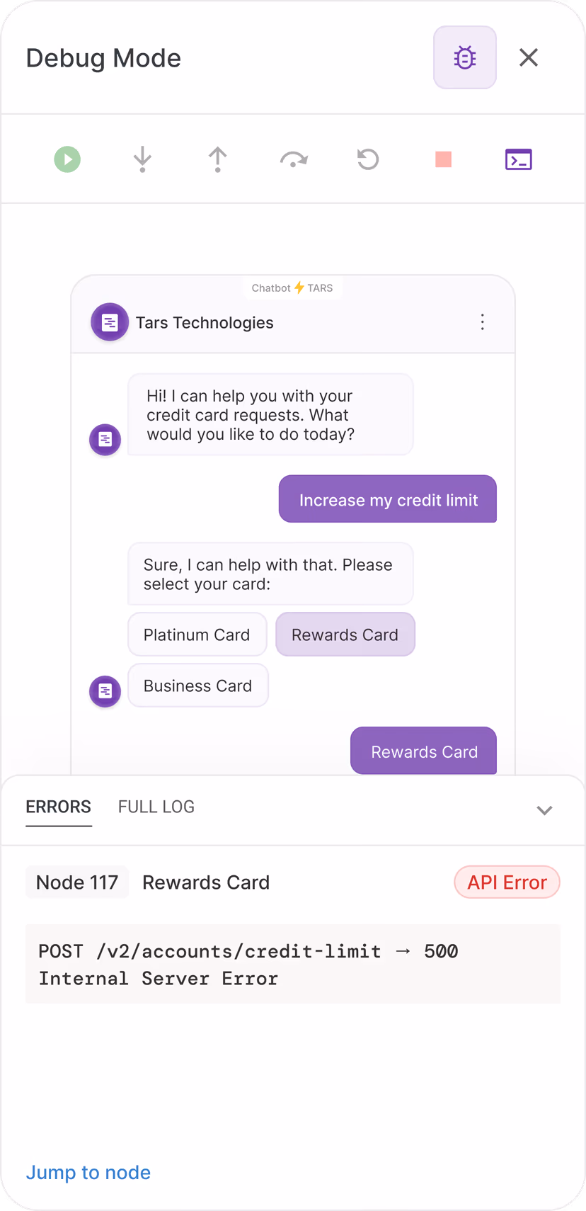 Shelved debug console prototype showing detailed error logs and API responses