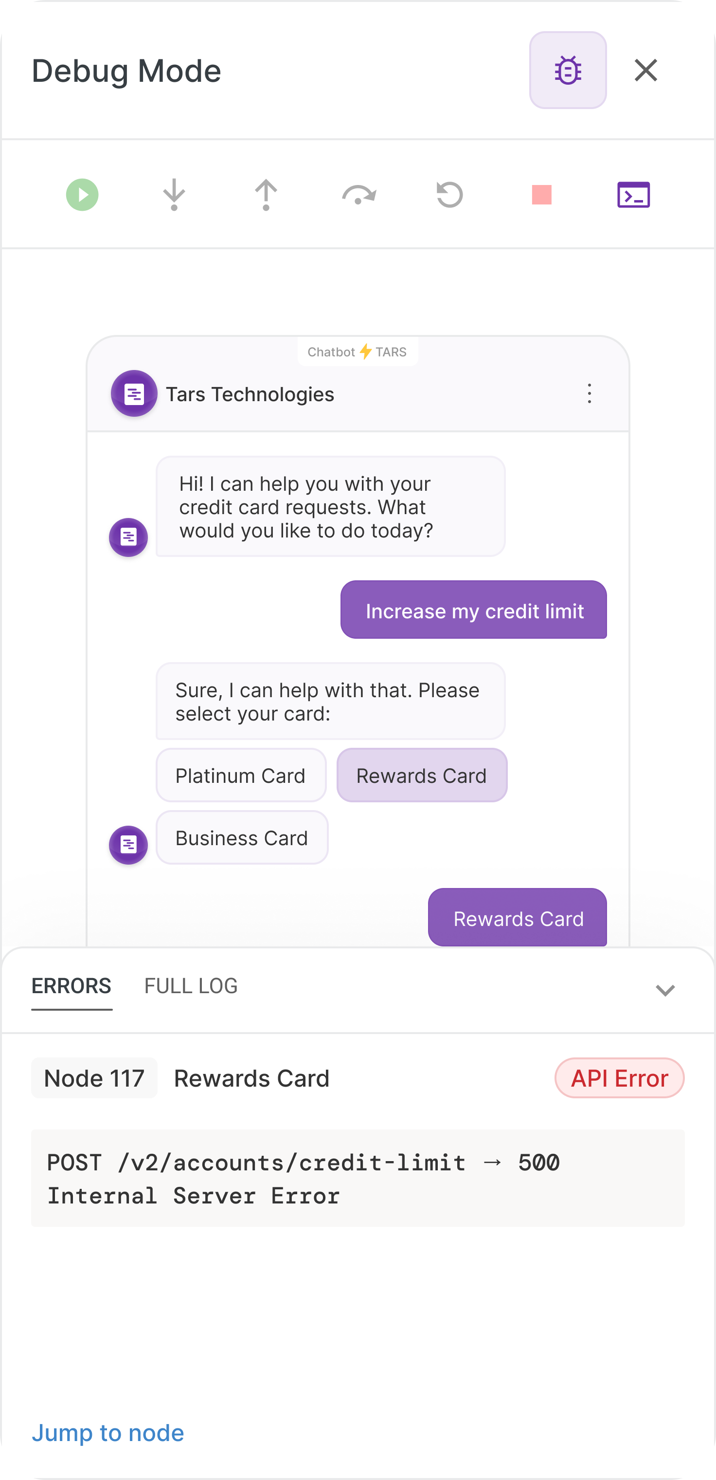 Shelved debug console prototype showing detailed error logs and API responses