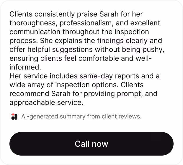 Back of the inspector recommendation card showing an AI-generated summary of client reviews