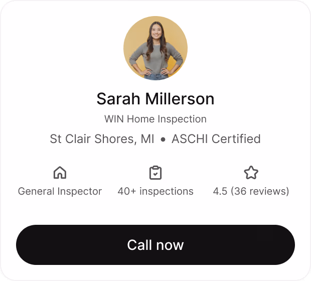 Front of the inspector recommendation card showing Sarah Millerson's profile and call-to-action