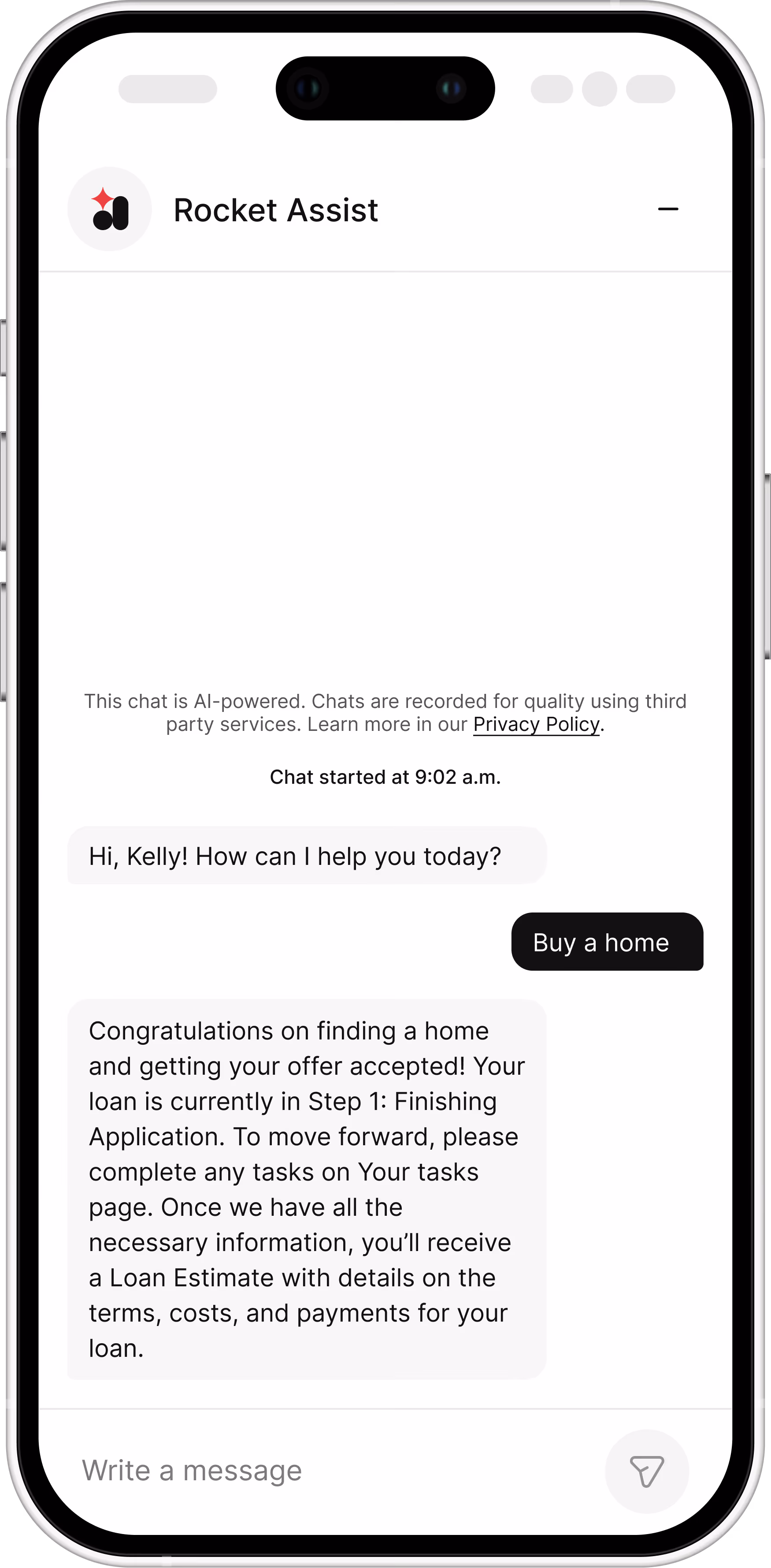 Rocket Assist showing a generic chat response about buying a home