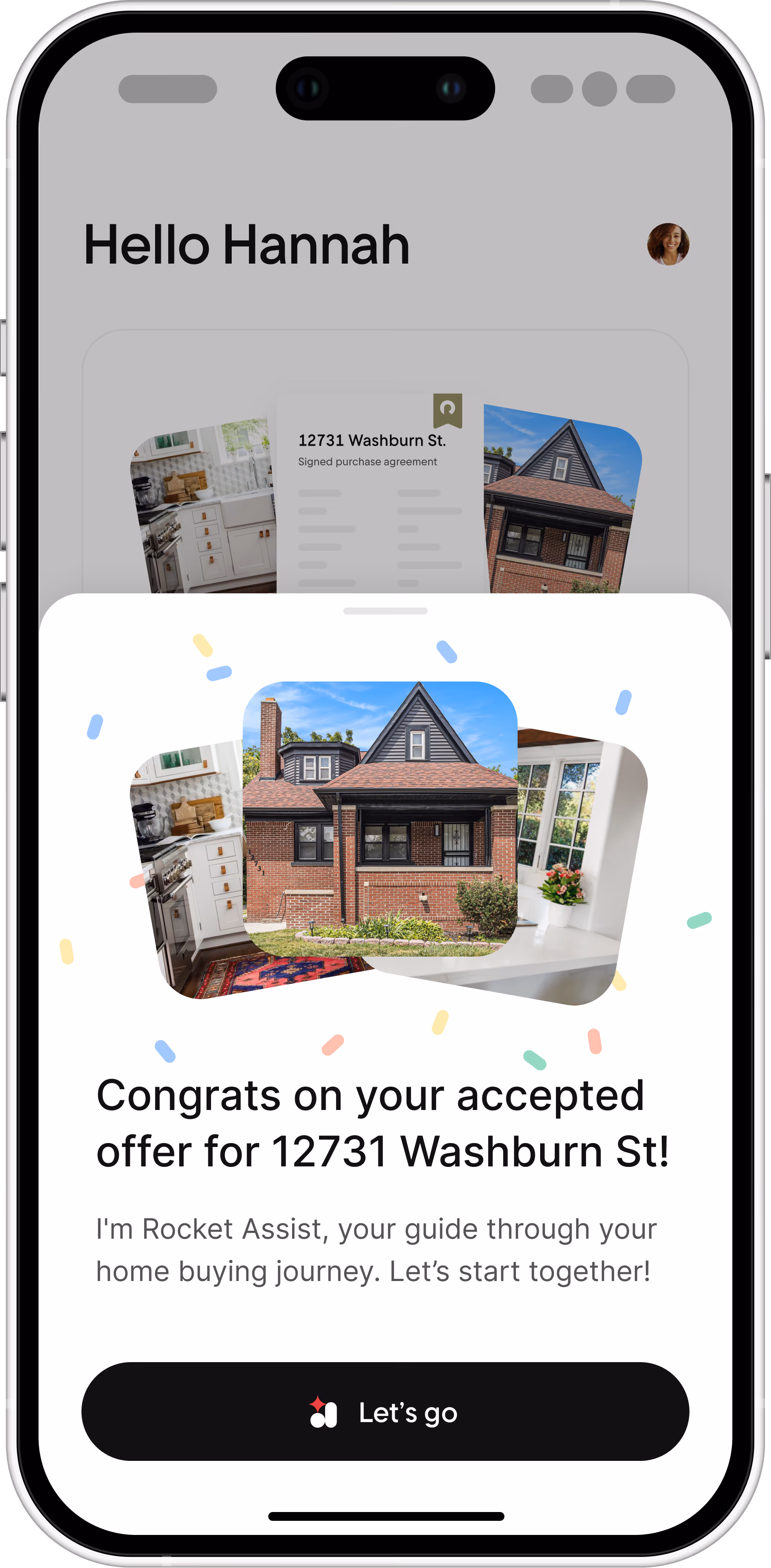 Rocket Assist showing a personalized greeting with pictures of the client's home
