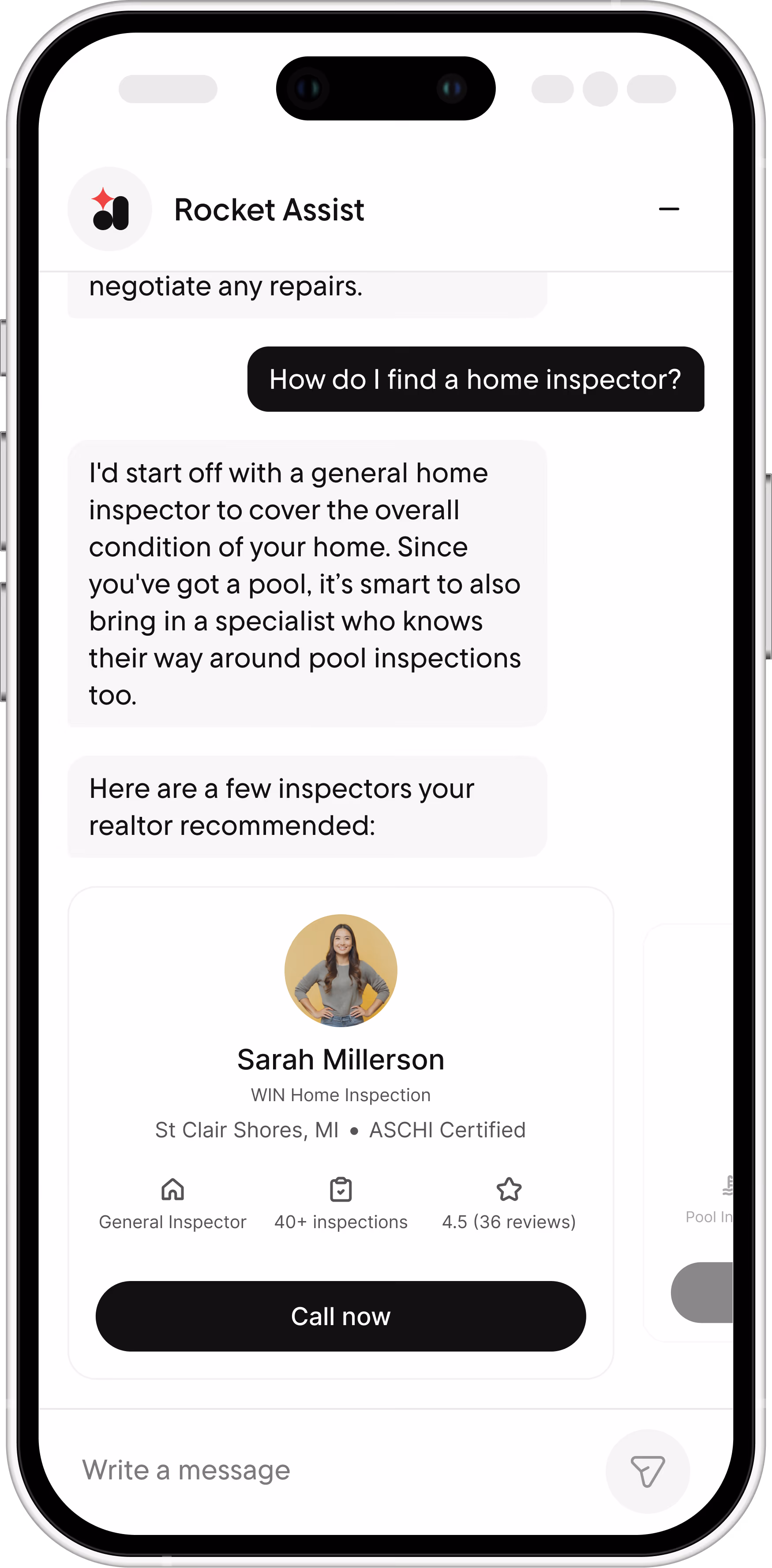 In-chat inspector contact cards in Rocket Assist
