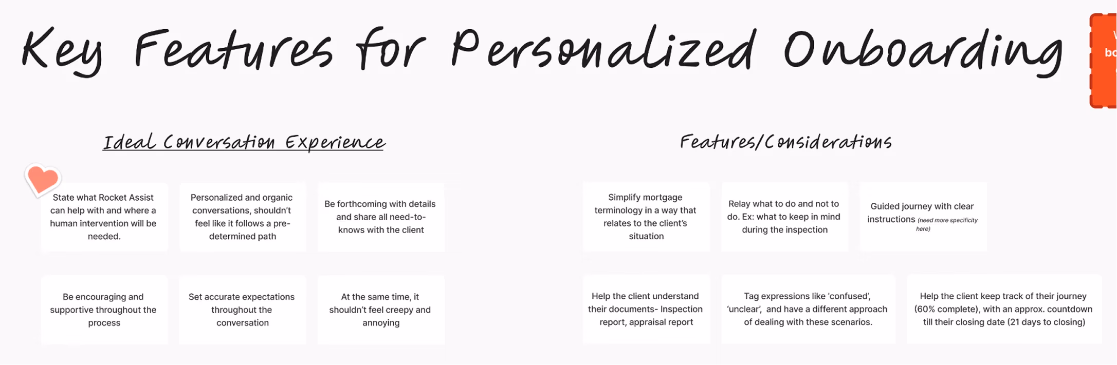 Feature mapping notes weighing personalized onboarding considerations
