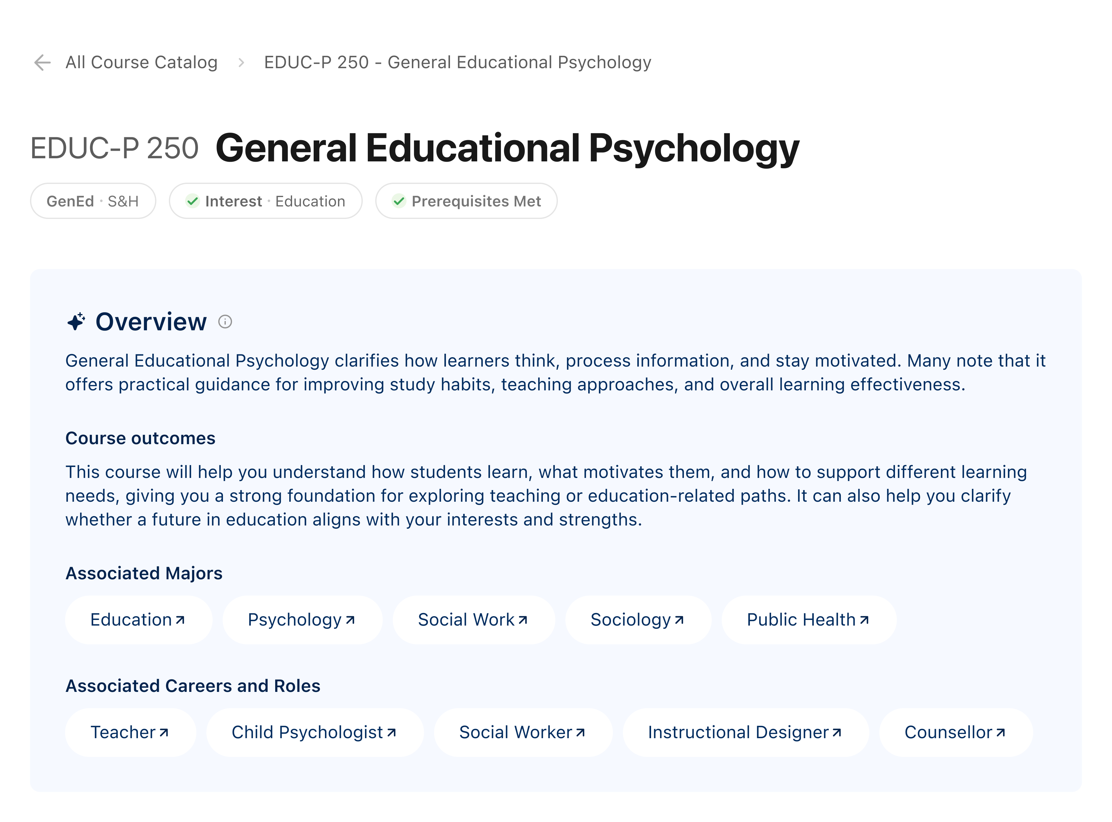 Galileo course details page showing overview, outcomes, majors and careers