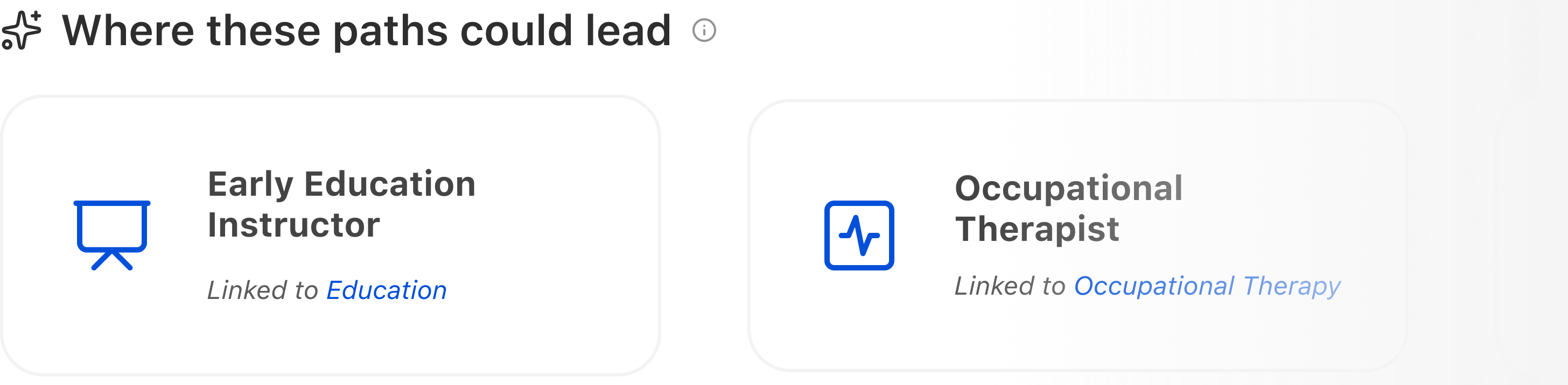 Where these paths could lead panel showing Early Education Instructor linked to Education and Occupational Therapist linked to Occupational Therapy