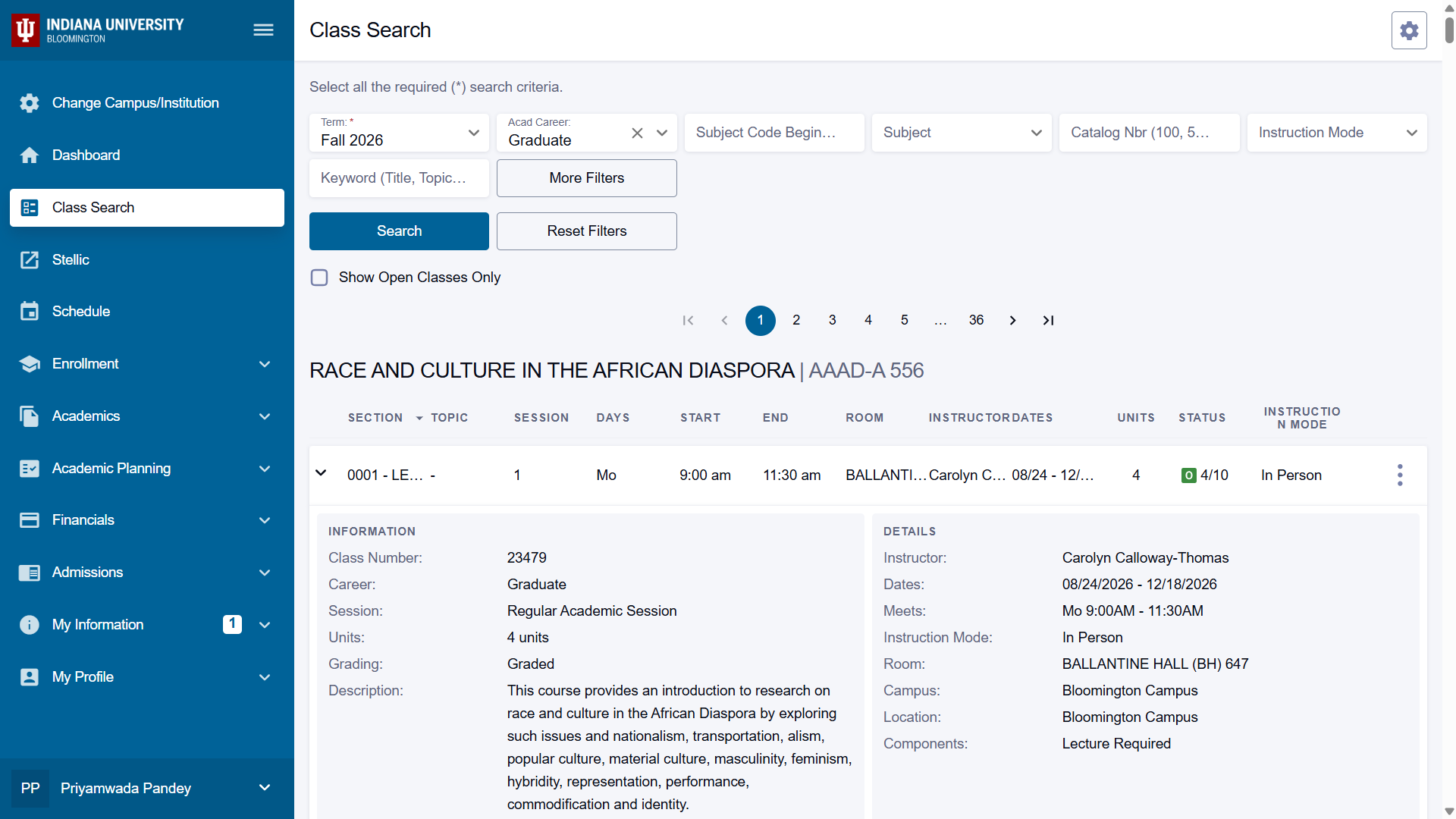 iGPS class search portal in the Indiana University enrollment system